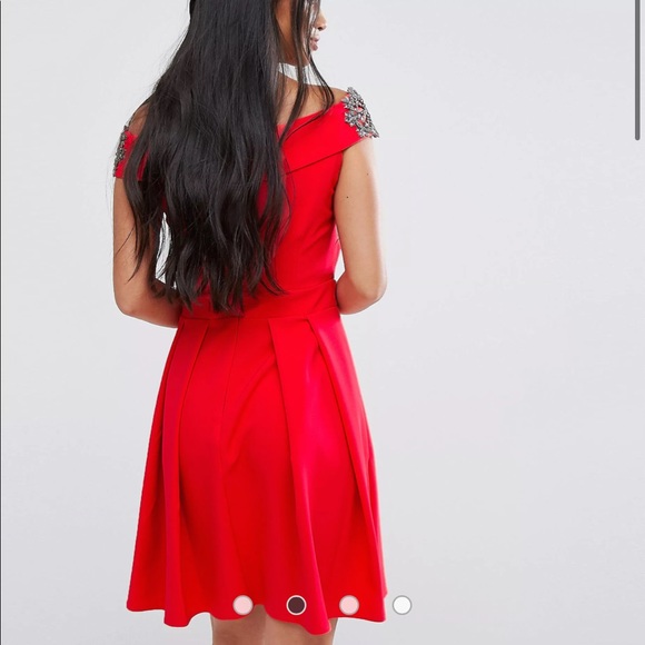 Little Mistress Petite Embellished Off Shoulder Wrap Mini Dress ASOS - Picture 4 of 8